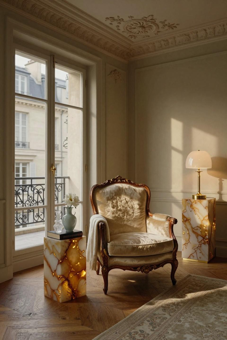 Modern classic interior design living room with 18th-century French bergère and onyx table