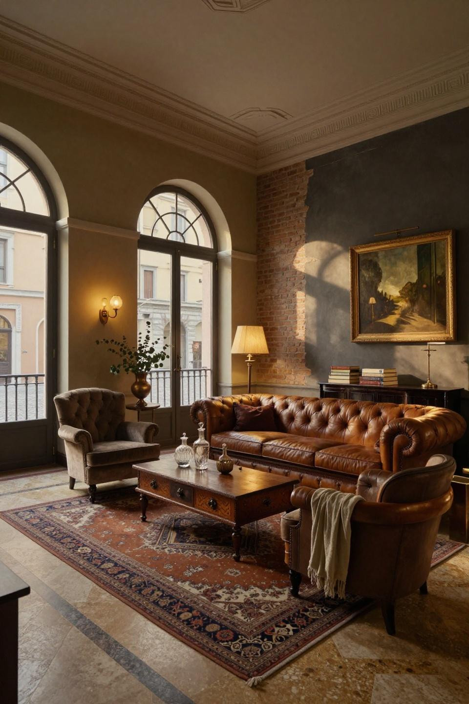 American classic living room in Milan palazzo with Art Deco moldings and travertine floors