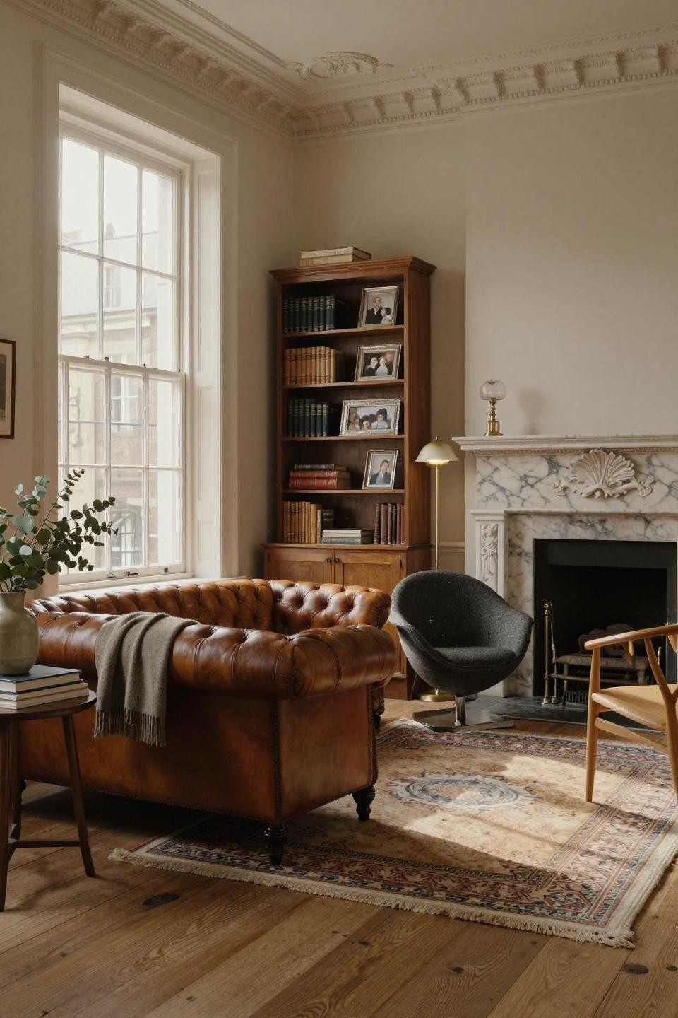 Traditional sofa living room featuring cognac leather Chesterfield and Carrara marble fireplace