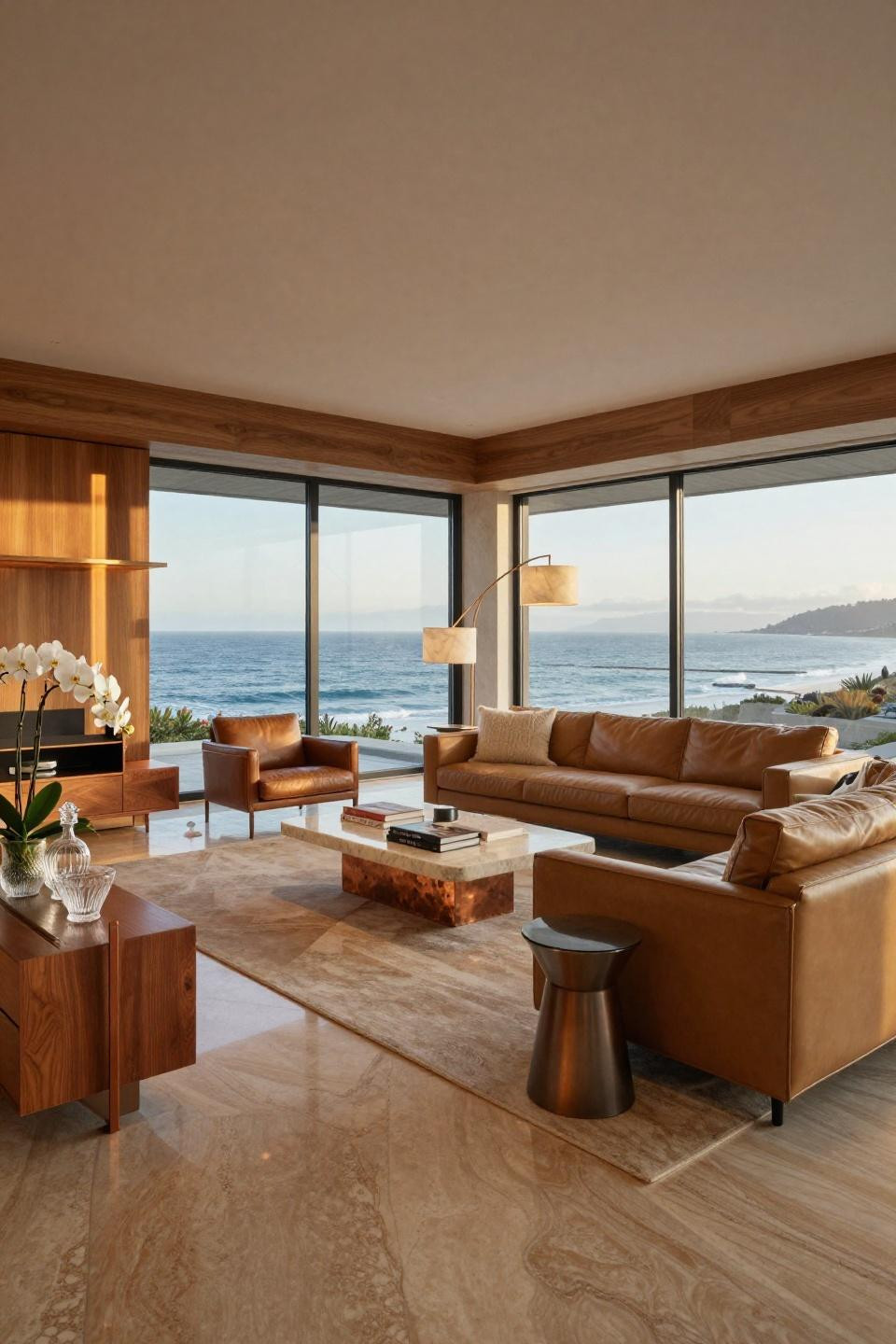 Traditional interior design living room with Pacific Ocean views and quartzite flooring