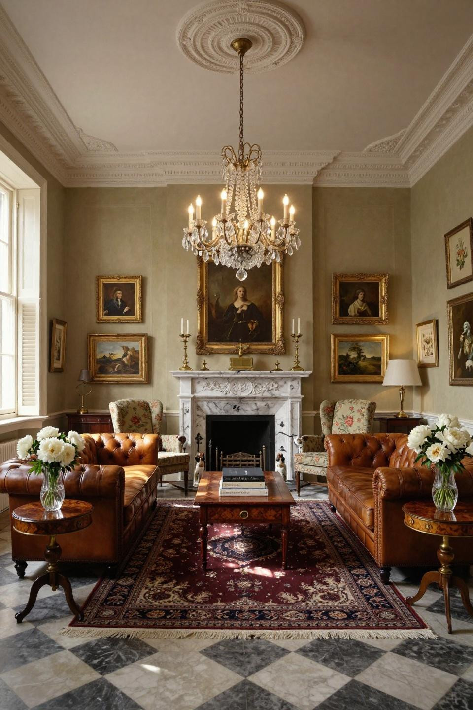 Modern classic living room design in Georgian townhouse with checkerboard marble flooring
