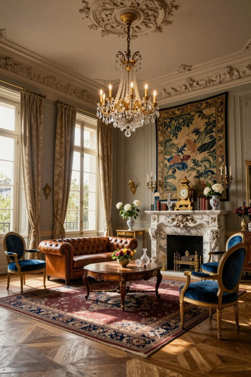 New classic living room with 18th-century Aubusson tapestry and cognac leather Chesterfield