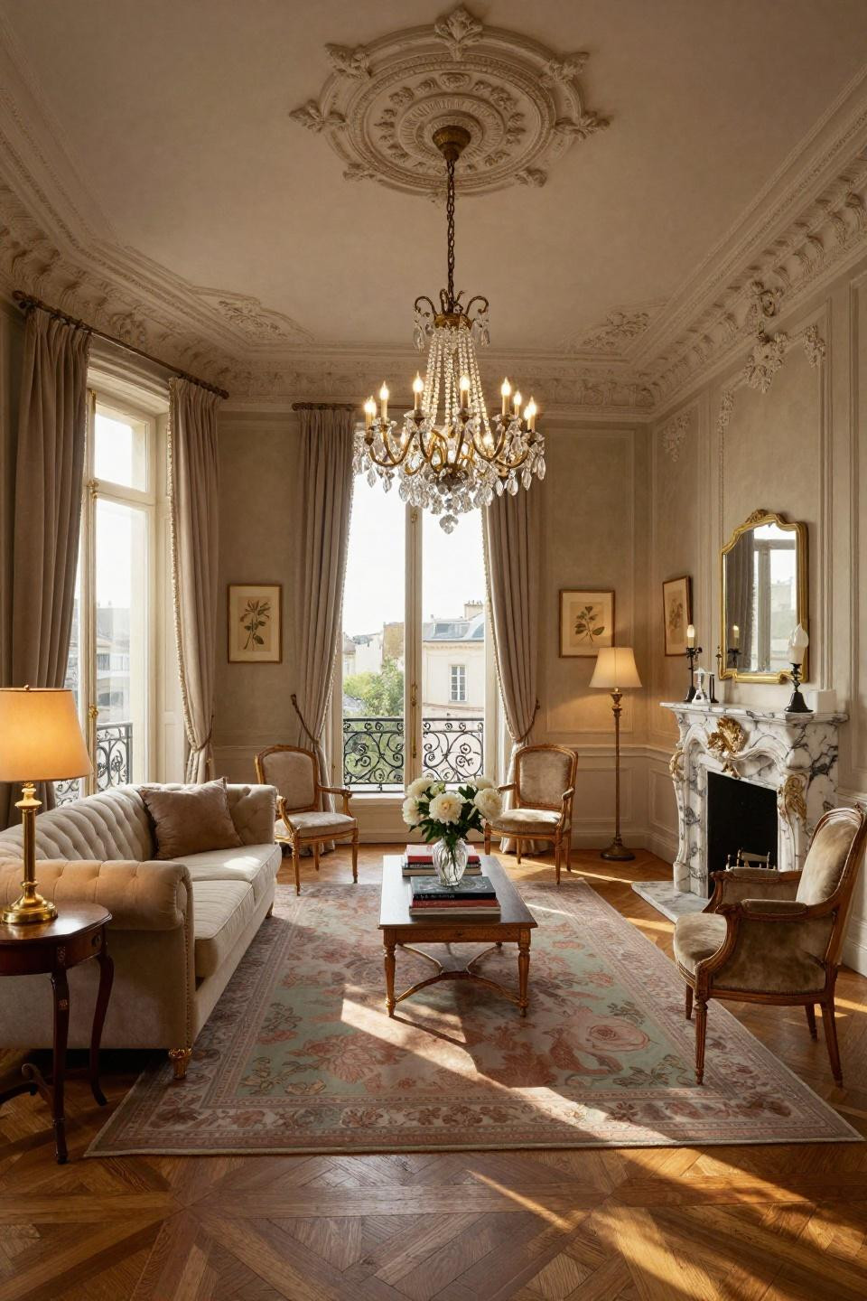 Classic furniture living room ideas with Calacatta Gold marble fireplace in Parisian apartment