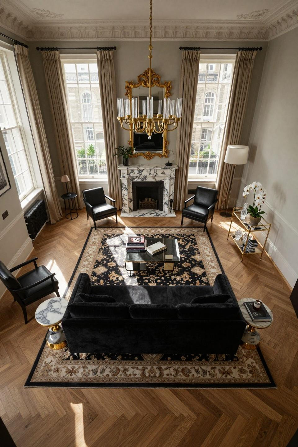 Black velvet Minotti Andersen sofa in London Georgian townhouse on Persian Tabriz rug