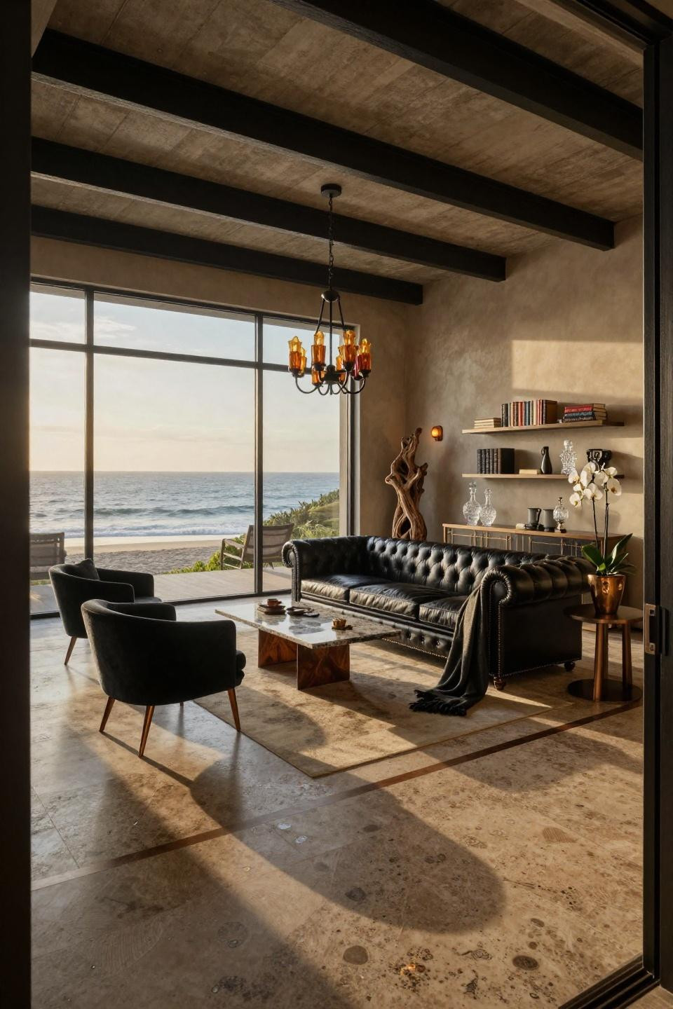 Custom black leather Chesterfield sofa in Malibu beach house facing Pacific Ocean views