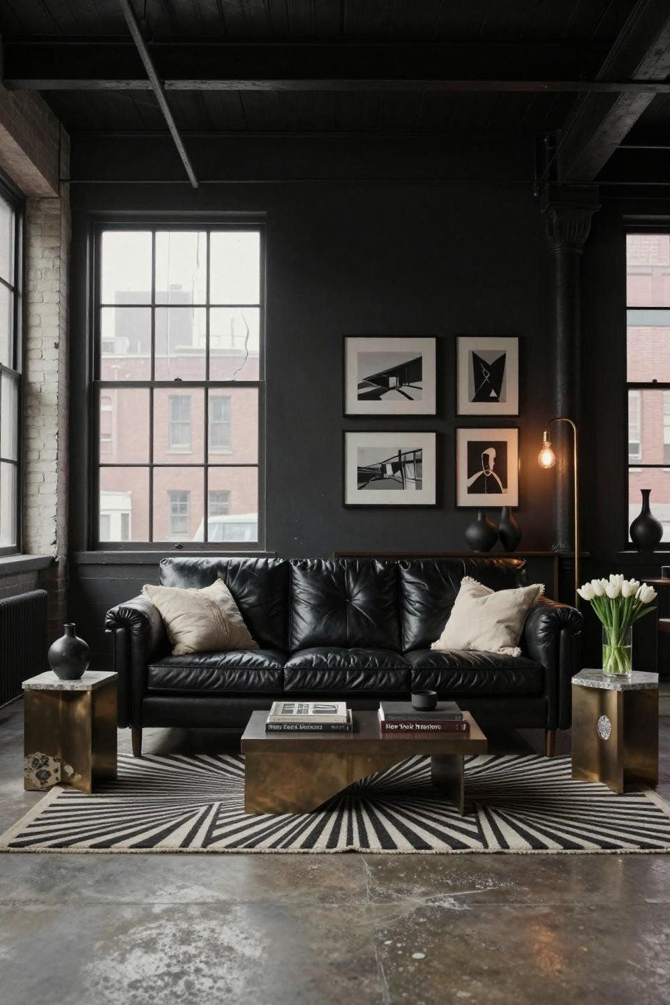 Black leather modern sofa in Tribeca loft with Art Deco Revival bronze side tables