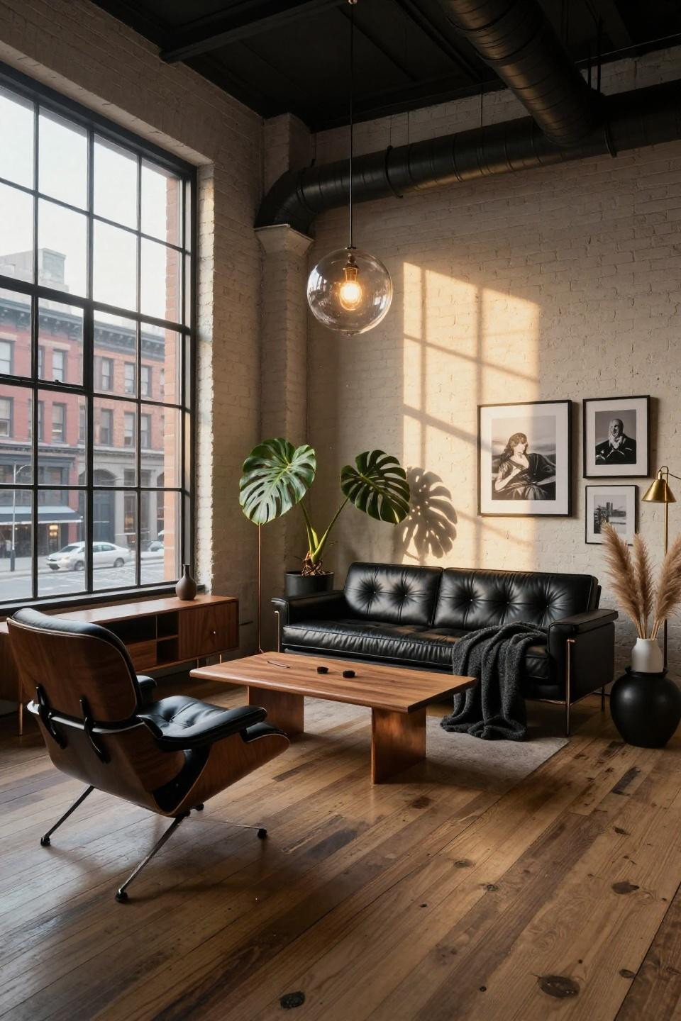Black leather Knoll Barcelona sofa in Tribeca cast iron building with industrial windows