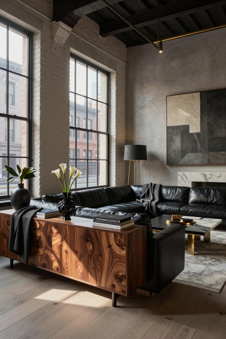 Matte black B&B Italia Charles sofa in Tribeca loft against white-painted brick wall