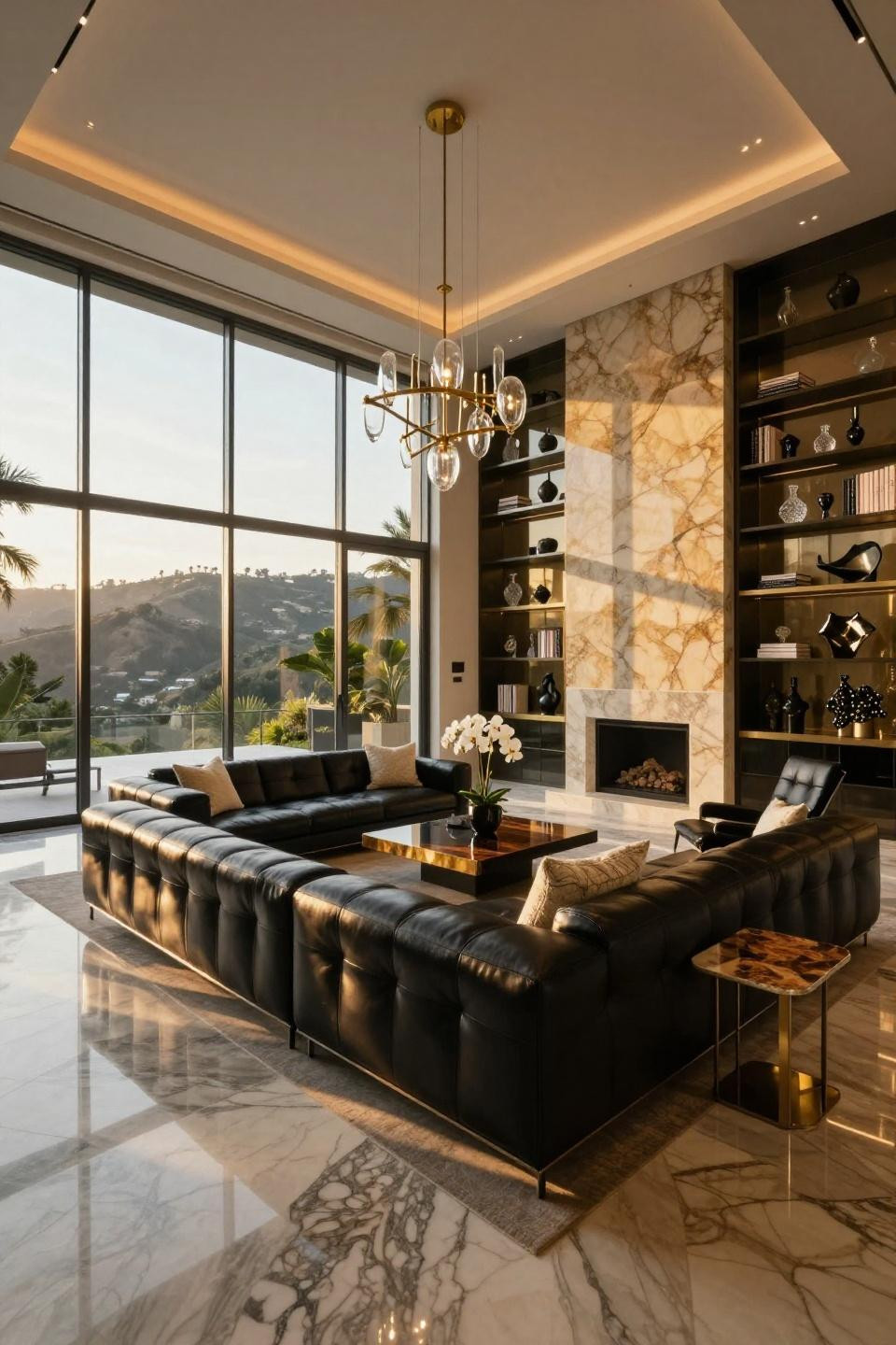 Black lacquered Minotti Andersen modular sofa in Beverly Hills estate with canyon views