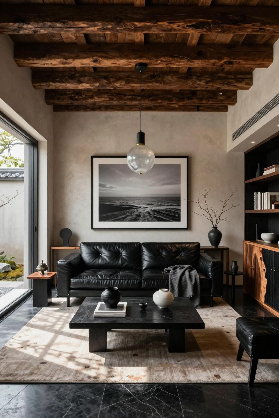 Custom black leather Promemoria Galeone sofa in Tokyo townhouse with Japanese minimalist design