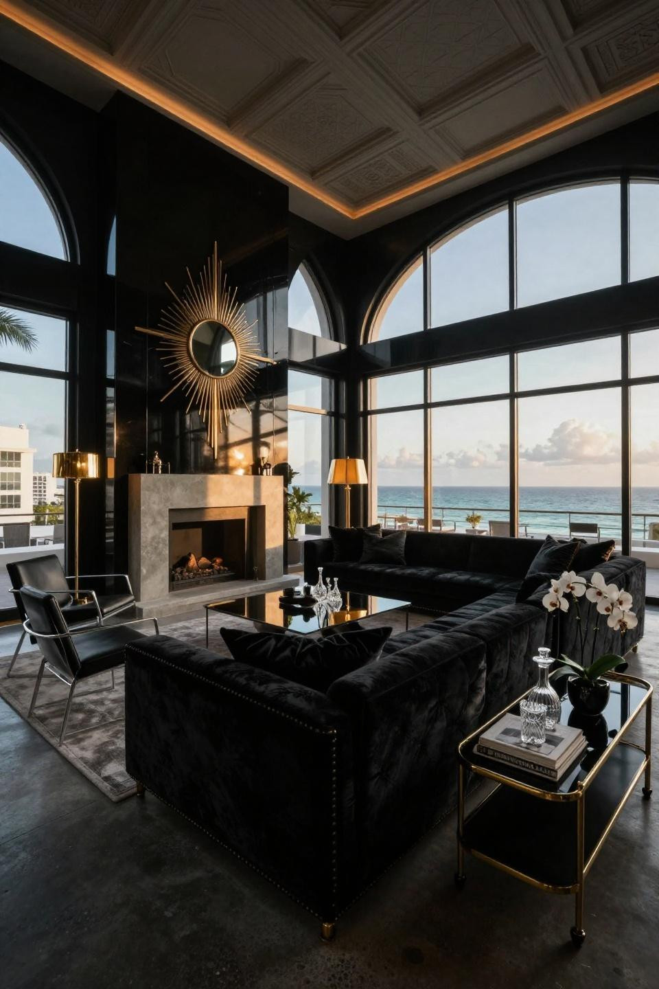 Black velvet Jonathan Adler sectional sofa in Miami Art Deco penthouse with brass nailhead trim