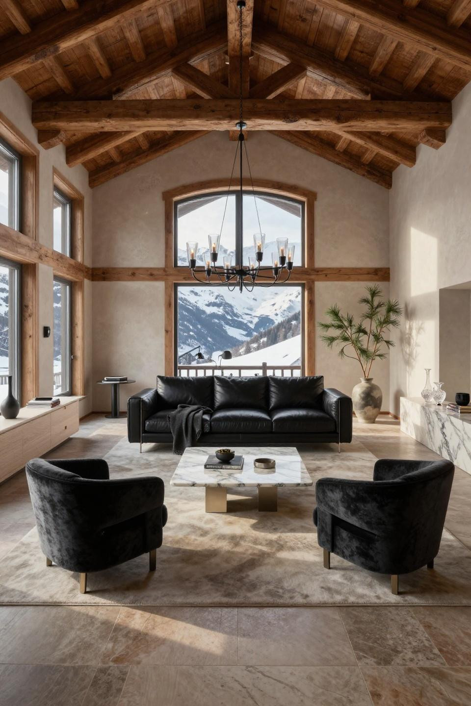 Poliform Bristol sofa in onyx black Italian leather in Swiss Alpine chalet with timber beams