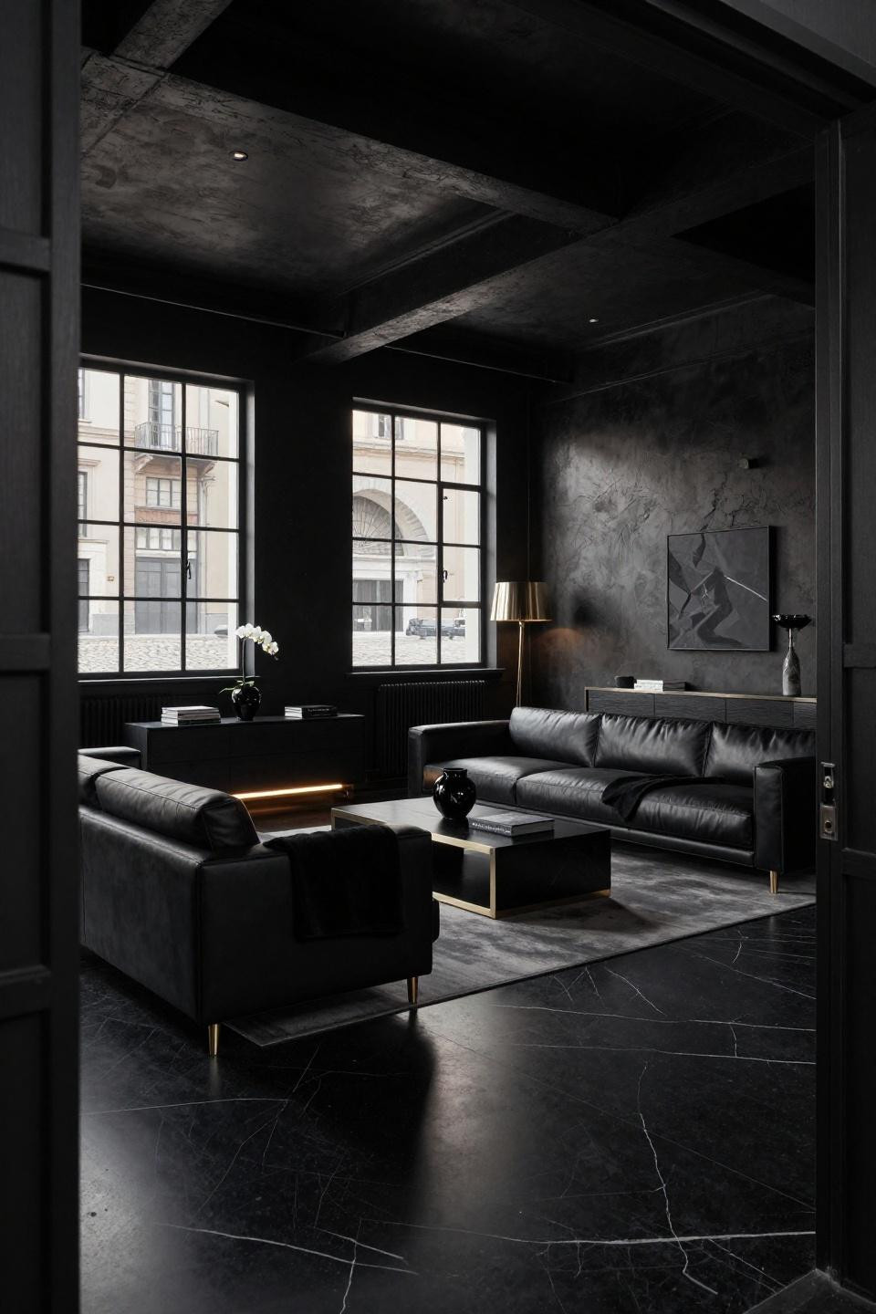 All-black Poliform sectional sofa in Milan industrial loft with platinum stitching