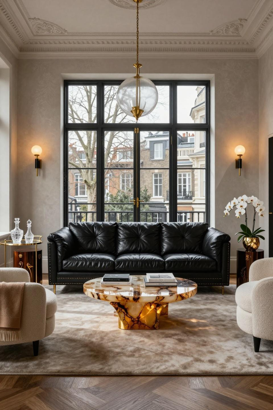 Black leather Poliform Bristol sofa in London Kensington townhouse with Georgian architecture