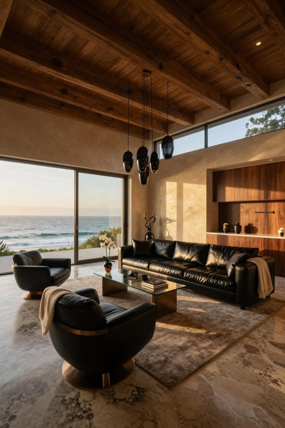 Custom black lacquered Poliform sectional in Malibu beach house overlooking Pacific Ocean