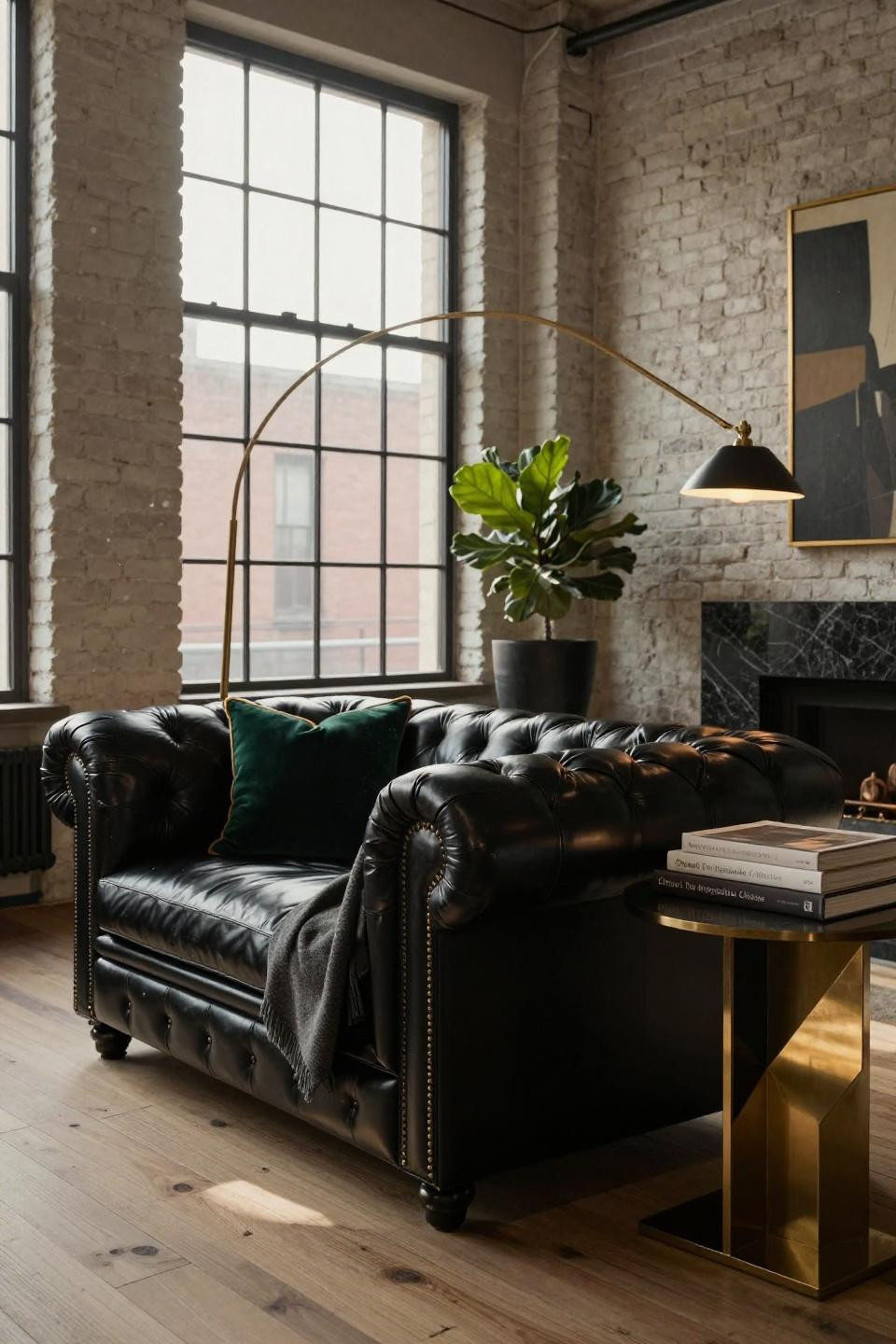 Black leather Chesterfield sofa detail shot in Tribeca loft with brass nailhead trim