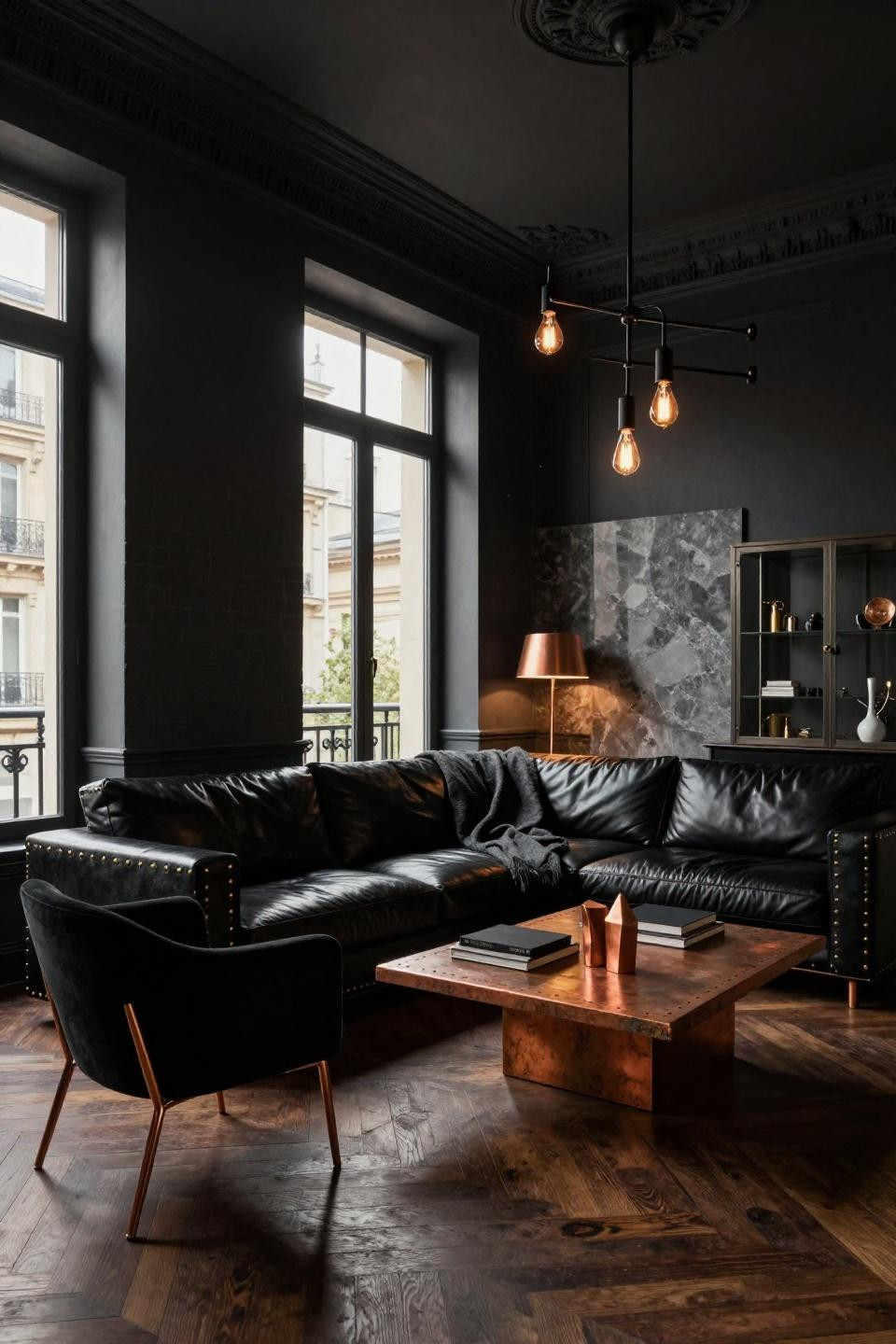 Black leather BDDW modular sofa in Parisian Haussmann apartment with exposed brick