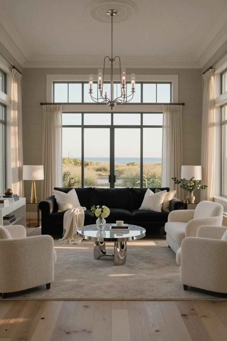 Black velvet Restoration Hardware sofa in Hamptons beach house living room with white oak floors