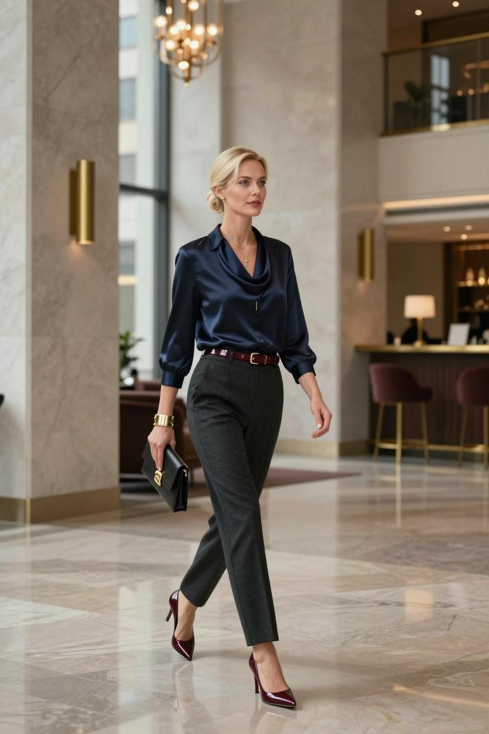 Corporate Party Outfit featuring midnight navy silk blouse with charcoal flannel trousers