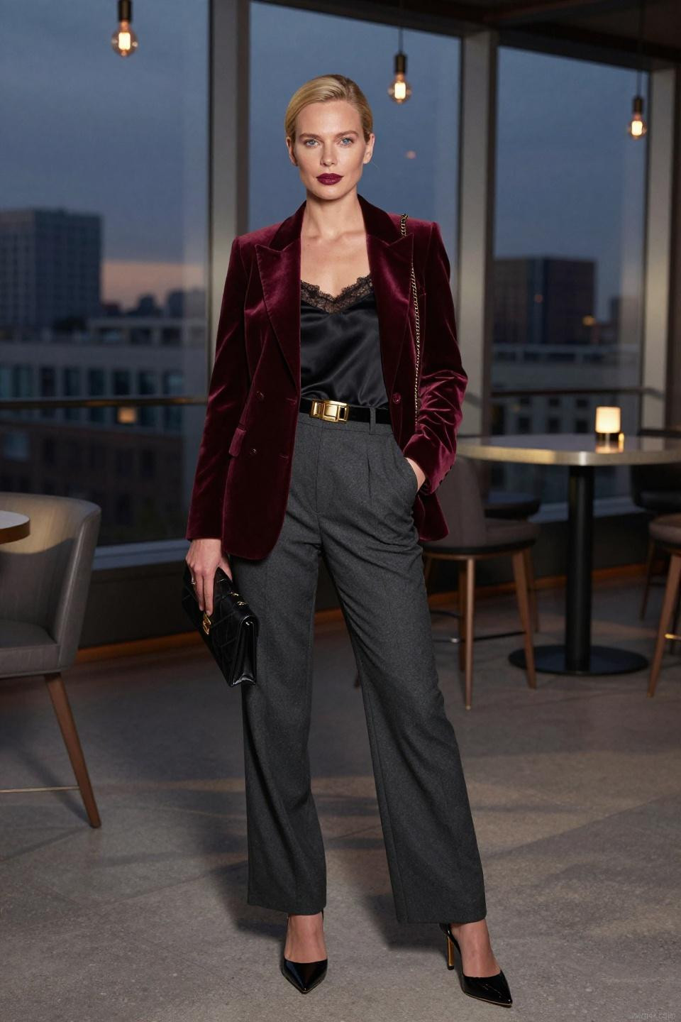 Casual Work Party Outfit featuring structured burgundy velvet blazer with charcoal trousers