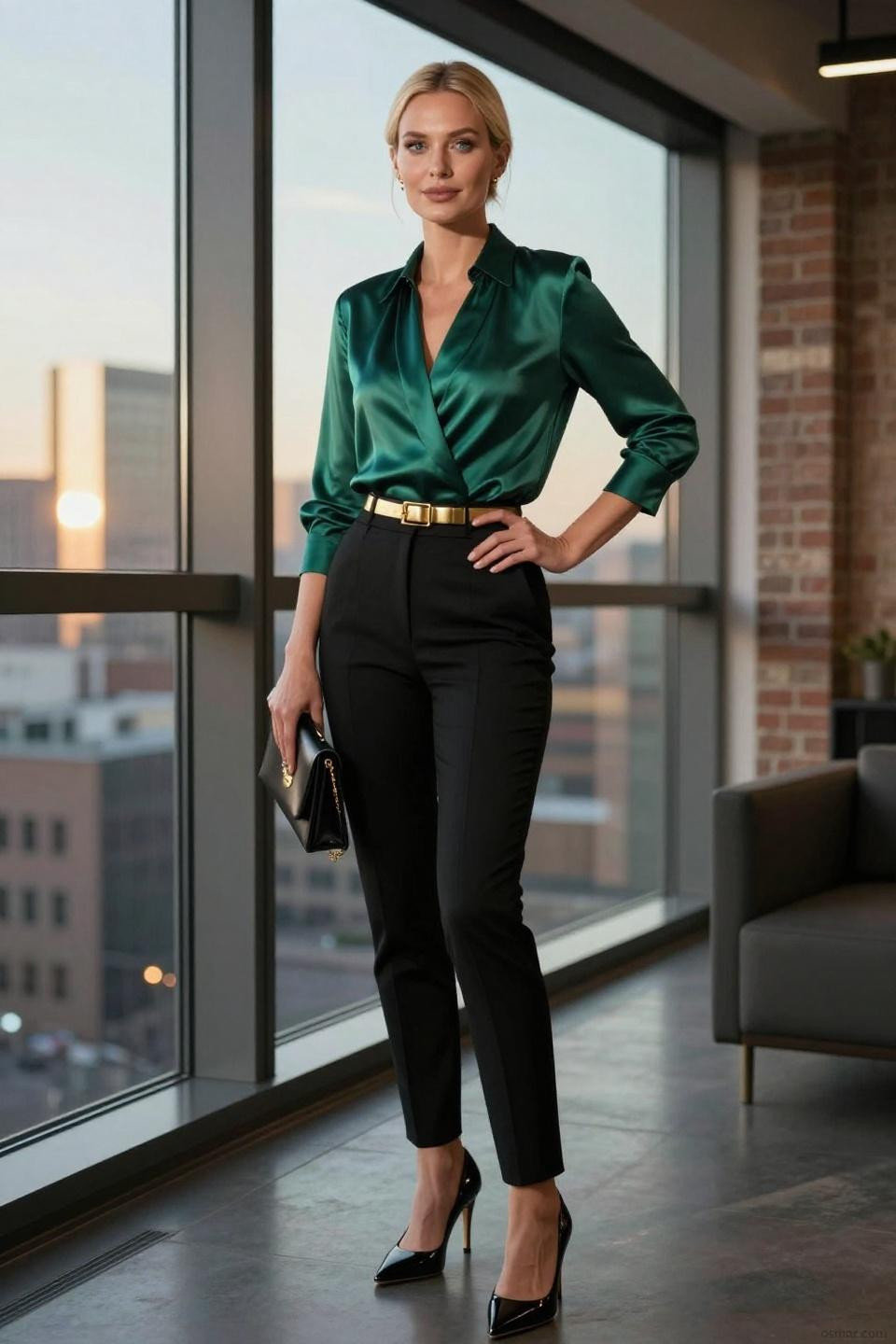 Job Party Outfit showcasing deep emerald silk wrap blouse with black trousers