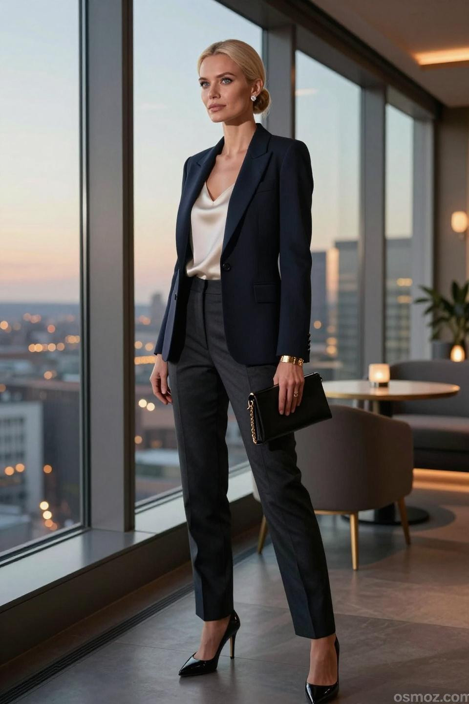 Company Party Outfit featuring midnight navy blazer with ivory silk layering