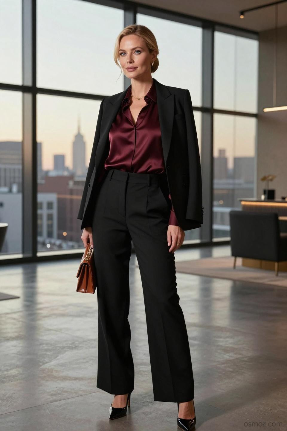Corporate Party Outfit featuring rich burgundy silk blouse with black wide-leg trousers