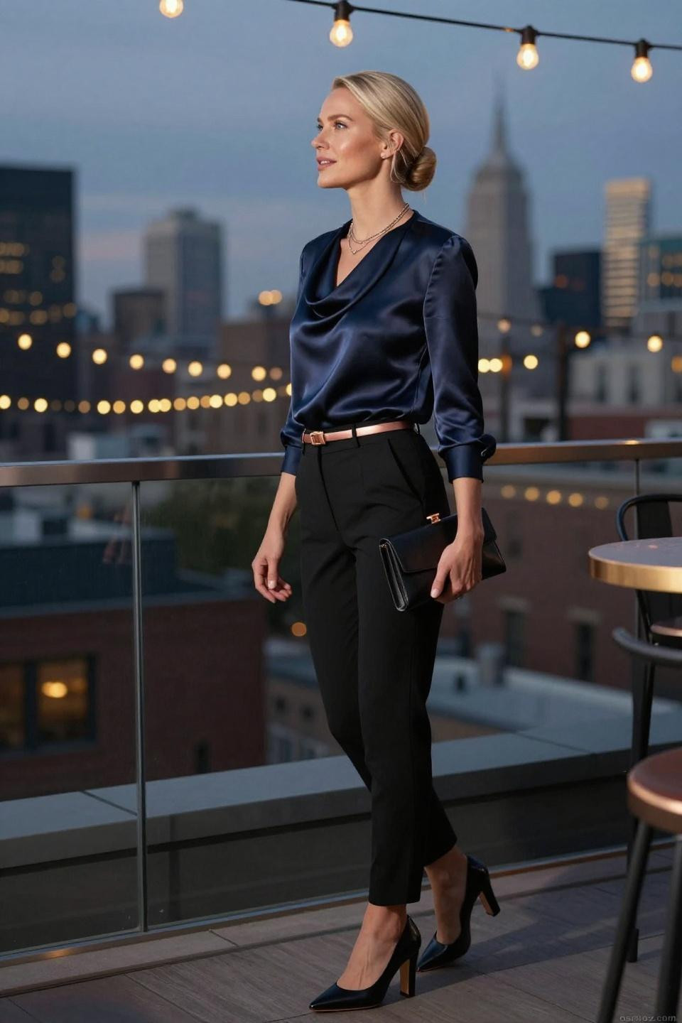 Corporate Dinner Outfit Night featuring draped midnight navy silk blouse with black cigarette pants
