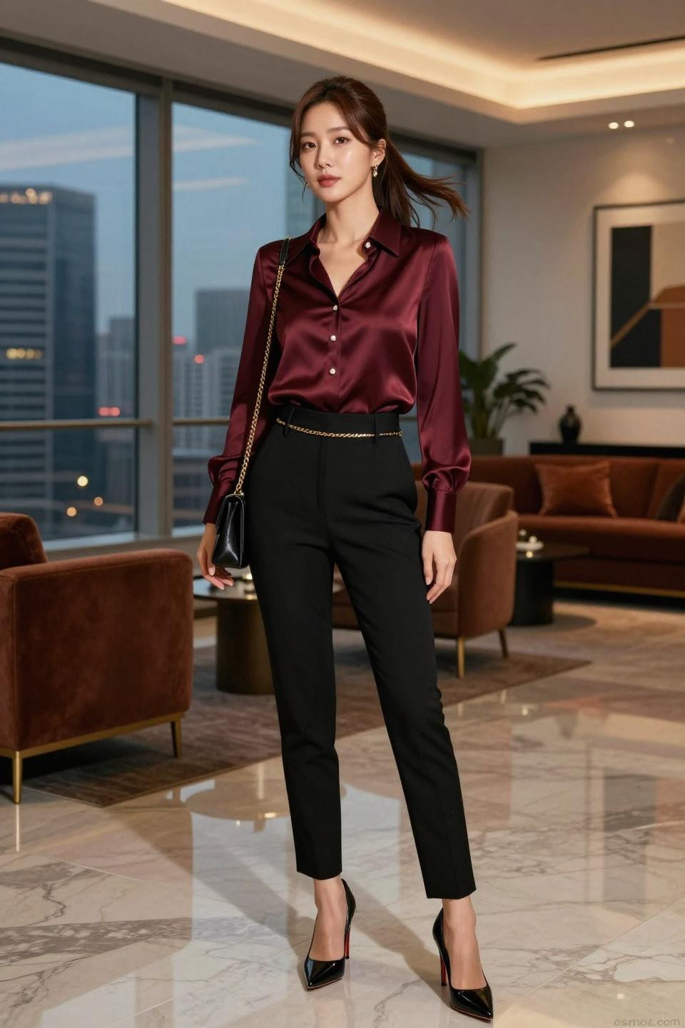 Job Party Outfit showcasing deep burgundy silk blouse with black cigarette trousers