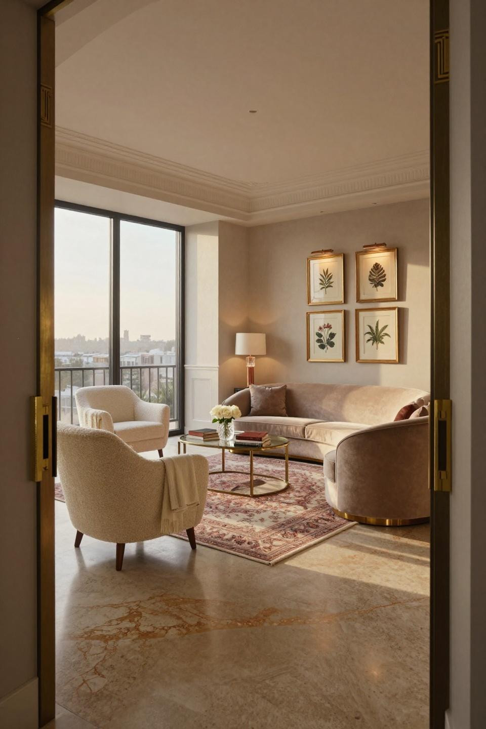 Small family room layout in Beverly Hills penthouse with French bergère chair