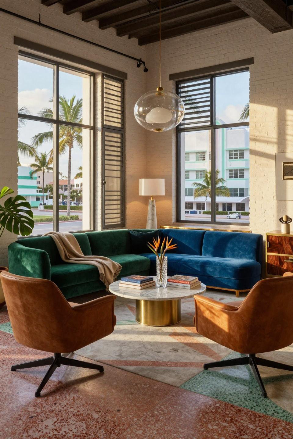 Small family room layout in Miami Art Deco loft with emerald velvet sofa