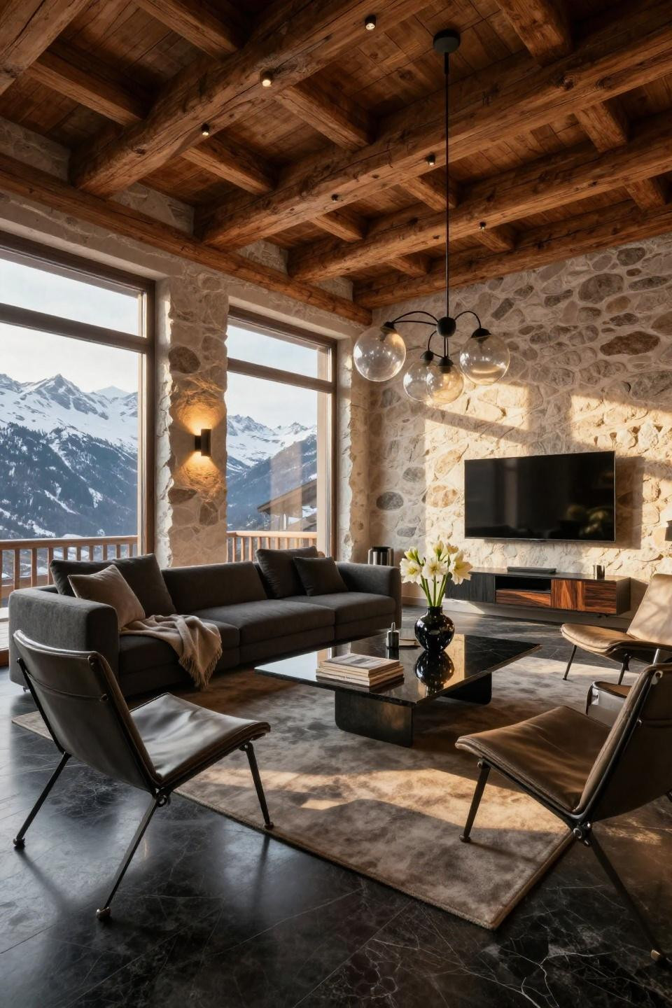 Small family room layout in Verbier chalet with Minotti Andersen modular sofa