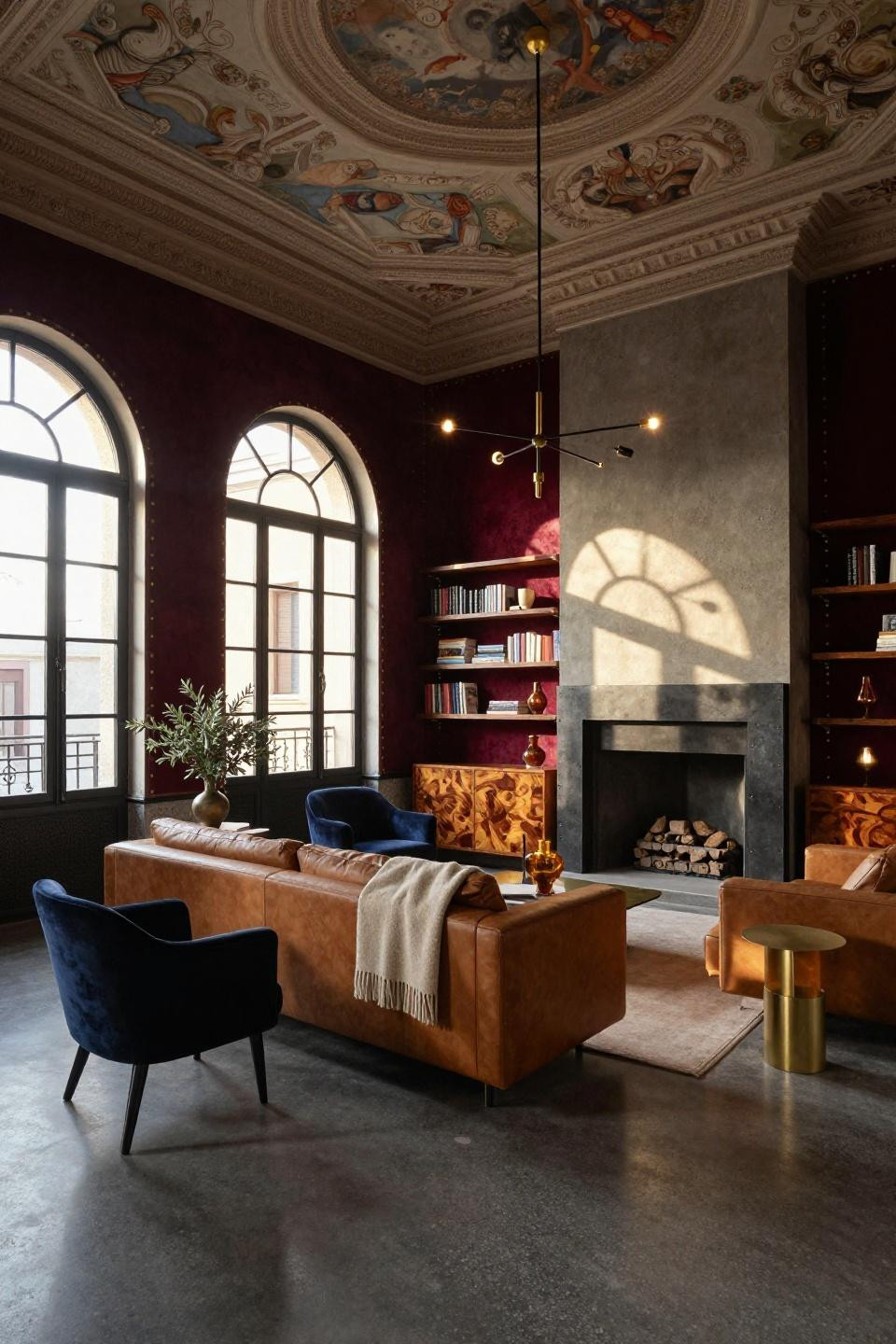 Small family room layout in Milanese palazzo with industrial steel fireplace