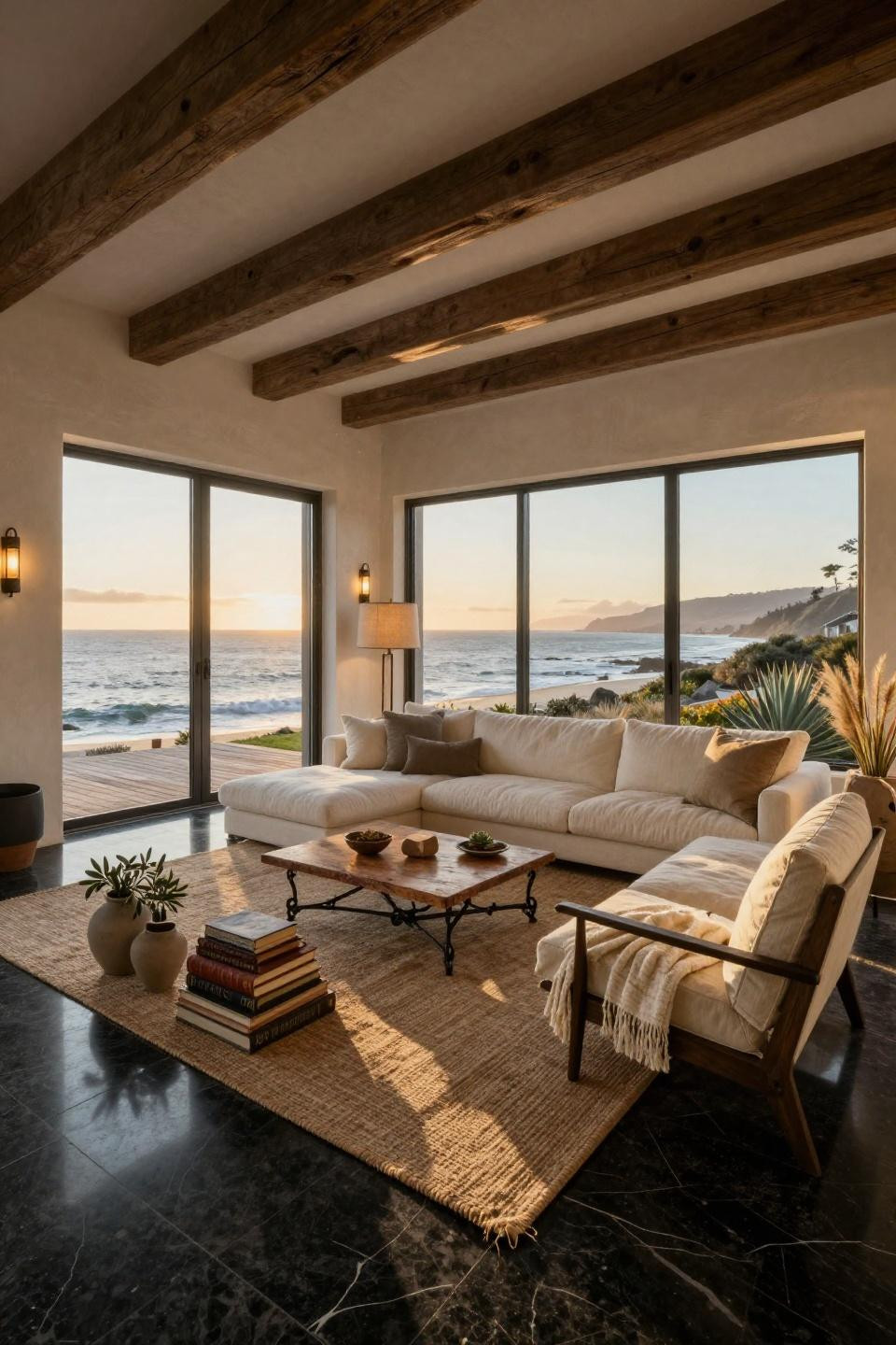 Small family room layout in Malibu beach house with ivory Belgian linen sectional