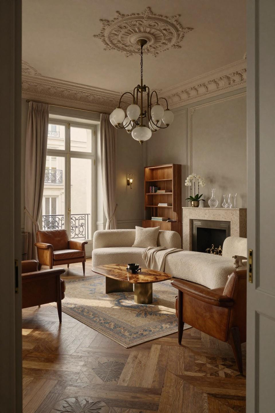 Small family room layout in Parisian penthouse with Christian Liaigre sectional