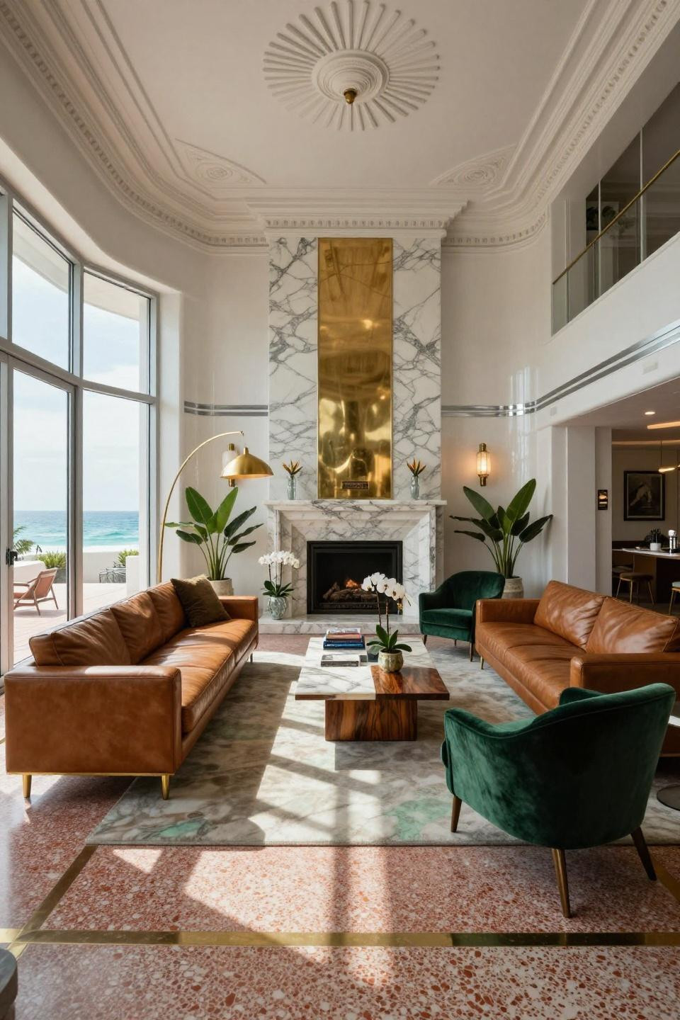 Long rectangle living room layout in Miami Art Deco with Poliform Bristol sectional
