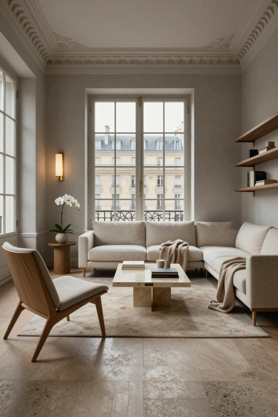 Small space living room ideas layout in Parisian Haussmann with Fredericia Spine chair