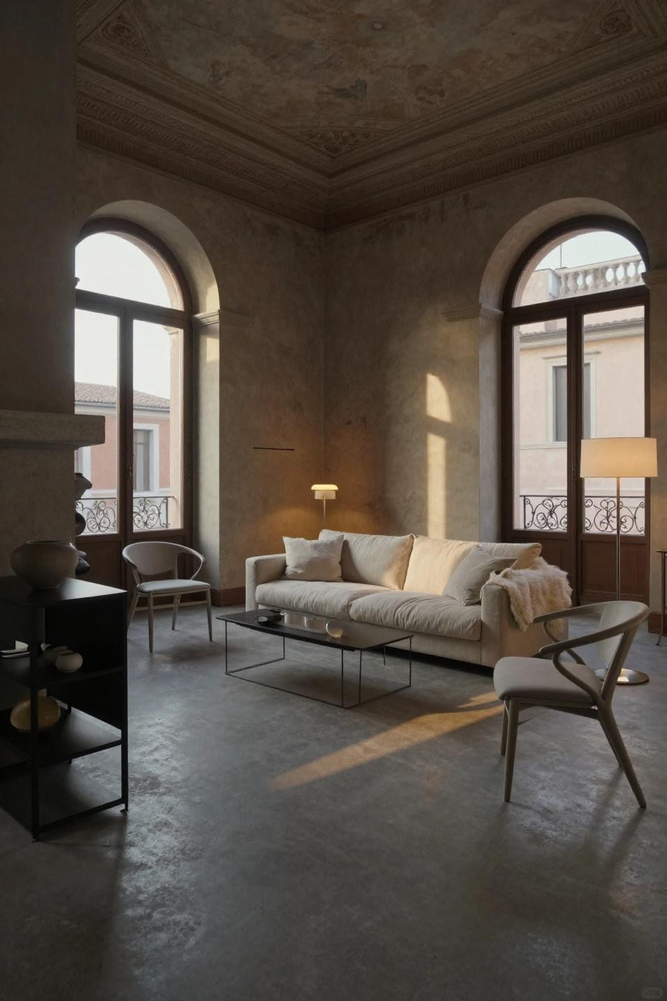 Small living room set up in Milanese palazzo with Fredericia Swoon sofa