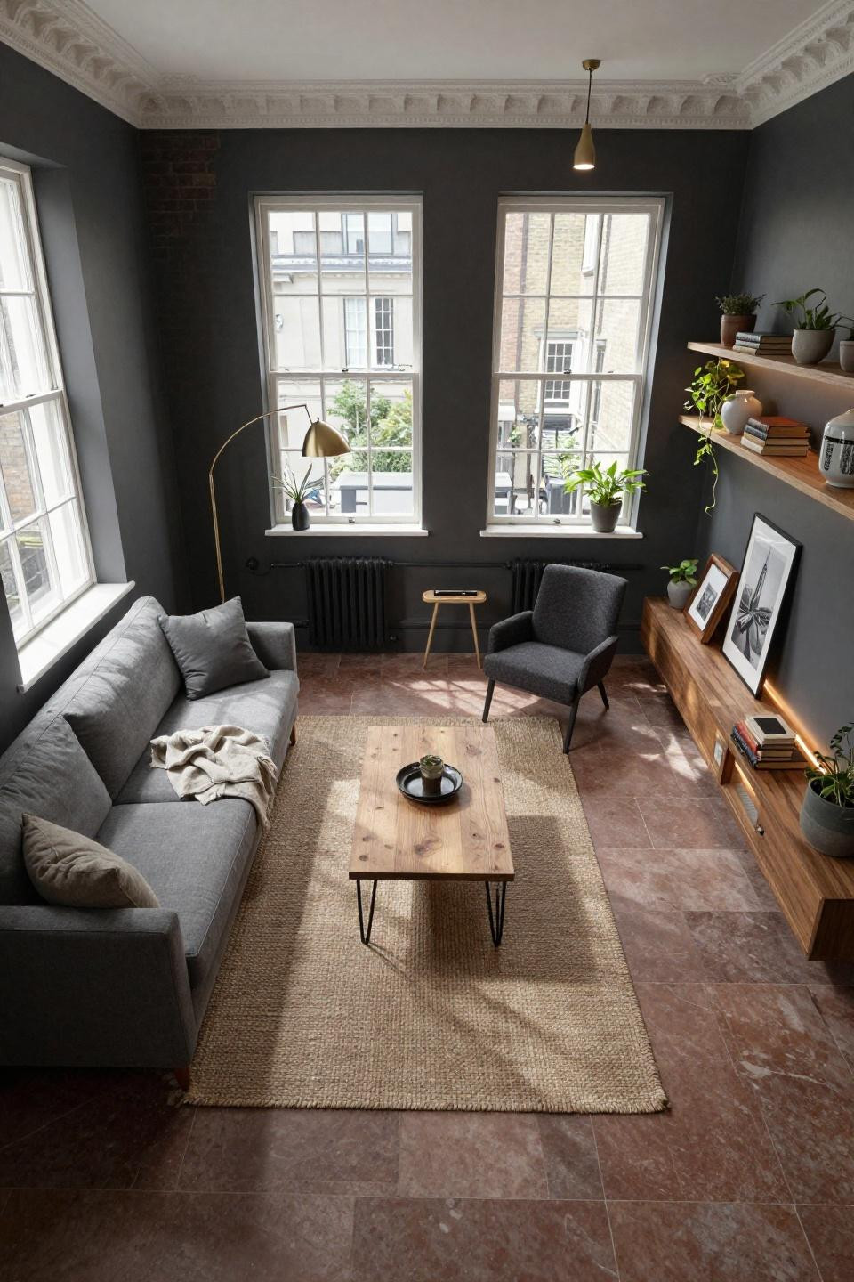 Living room set up ideas layout in London Kensington townhouse overhead view