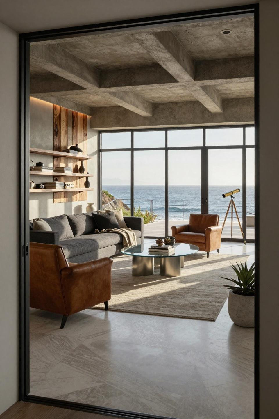 Tiny living room layout in Malibu penthouse with sectional and floating shelves