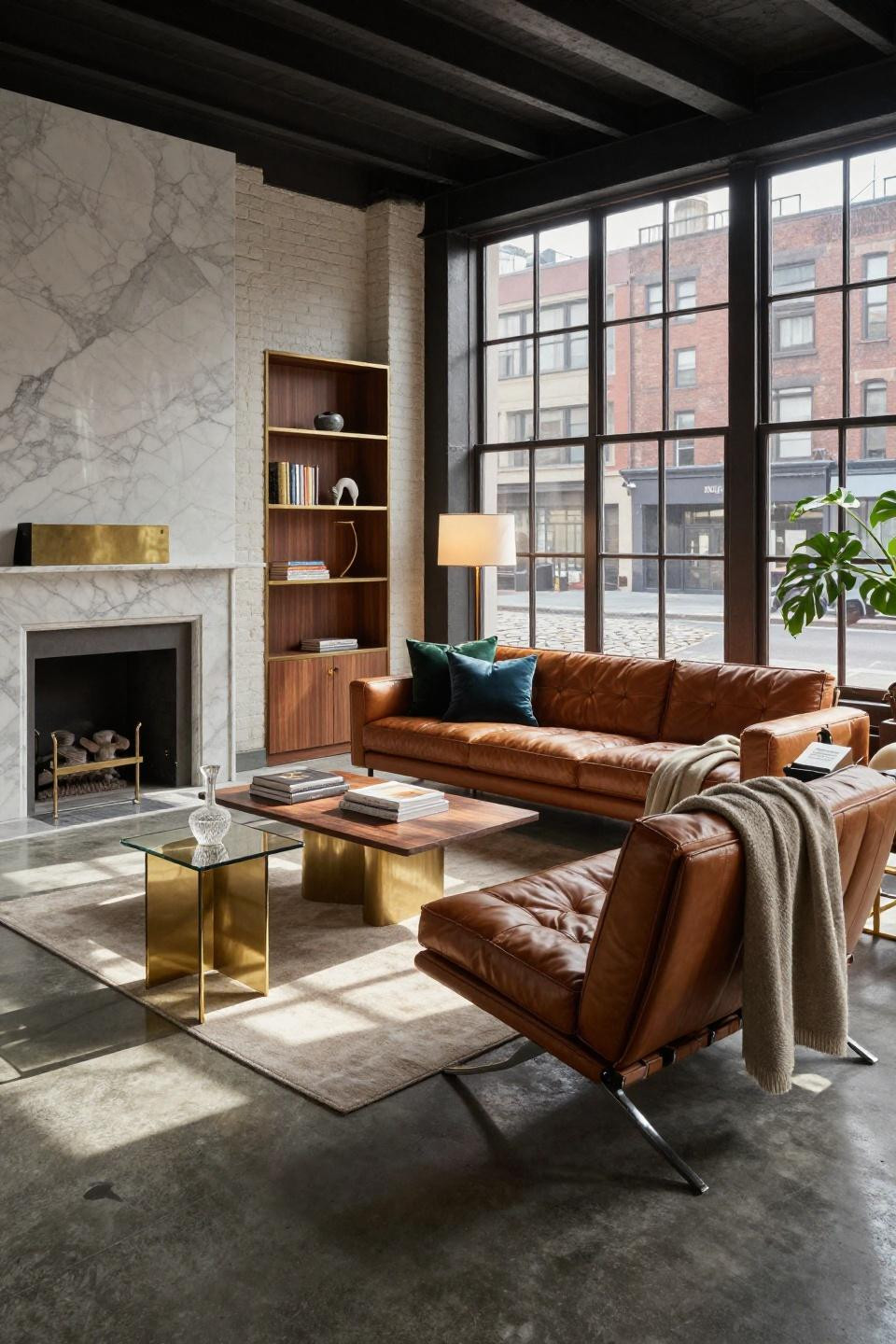 Small narrow living room layout in Tribeca loft with B&B Italia Charles sofa