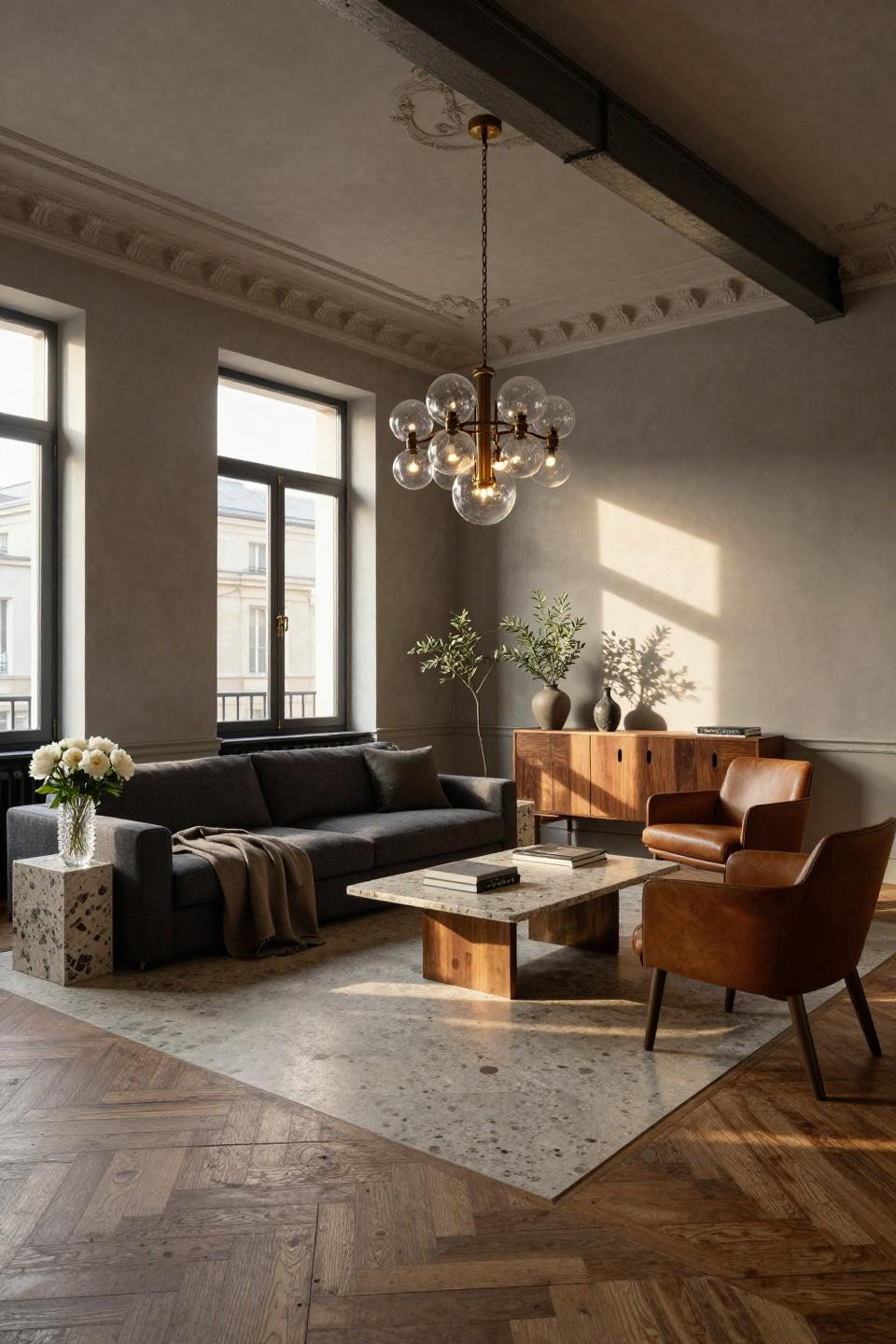 Furniture placement small living room in Parisian Haussmann apartment with sectional