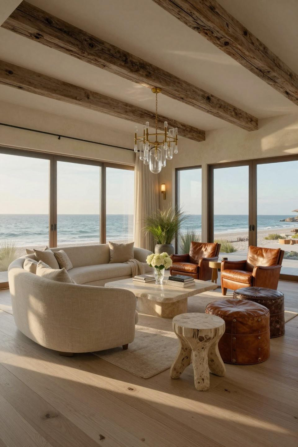 Small living room furniture layout with curved Holly Hunt sofa in Hamptons beach house