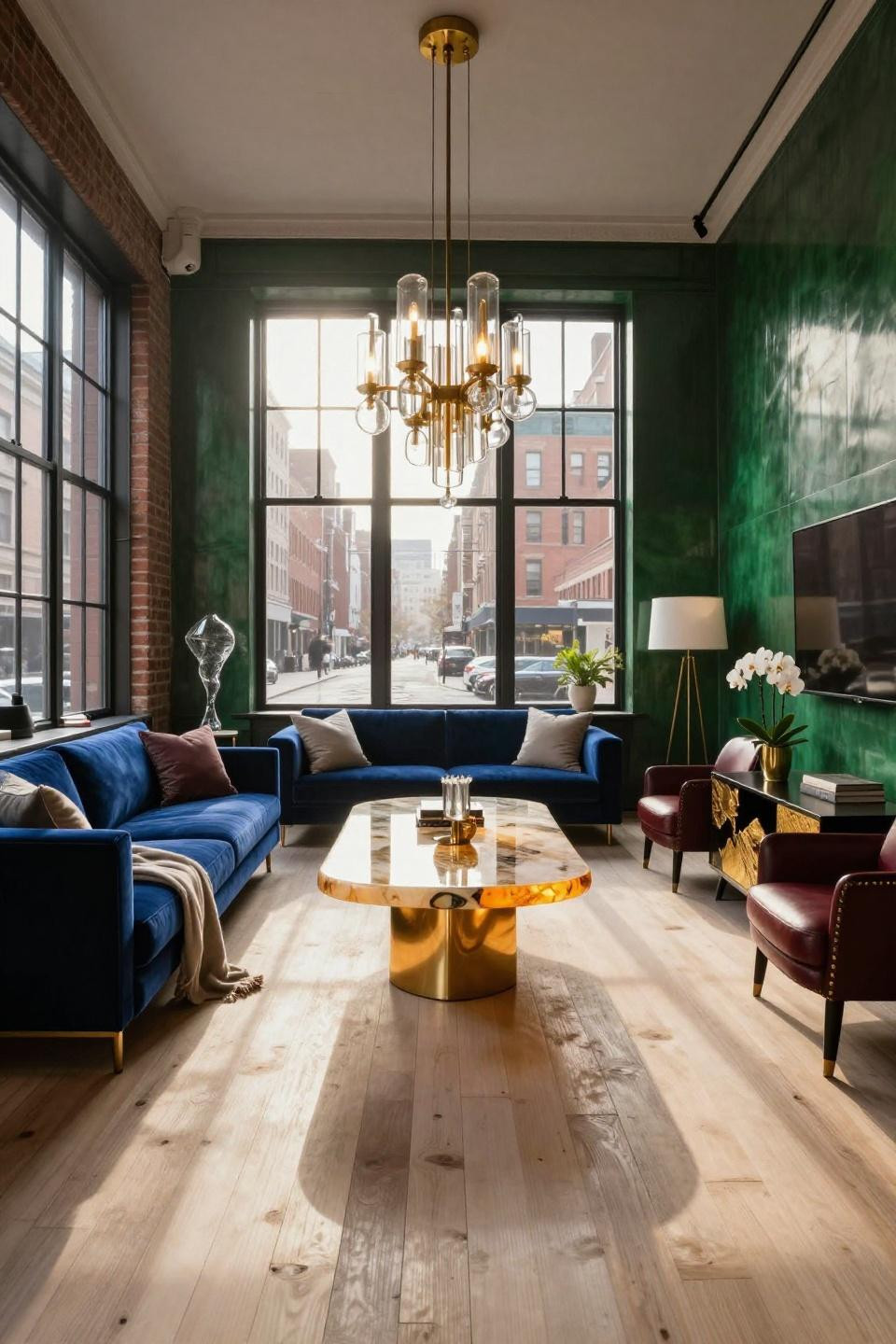 Center table living room luxury with backlit honey onyx and brushed gold by Kelly Wearstler in Manhattan loft
