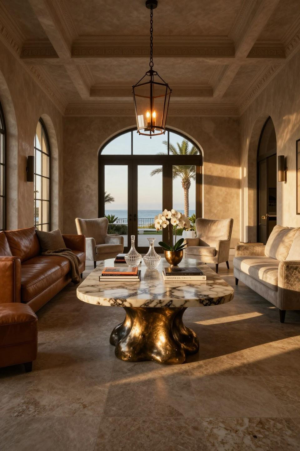 Center table living room luxury with hand-forged aged bronze and book-matched travertine in Beverly Hills estate