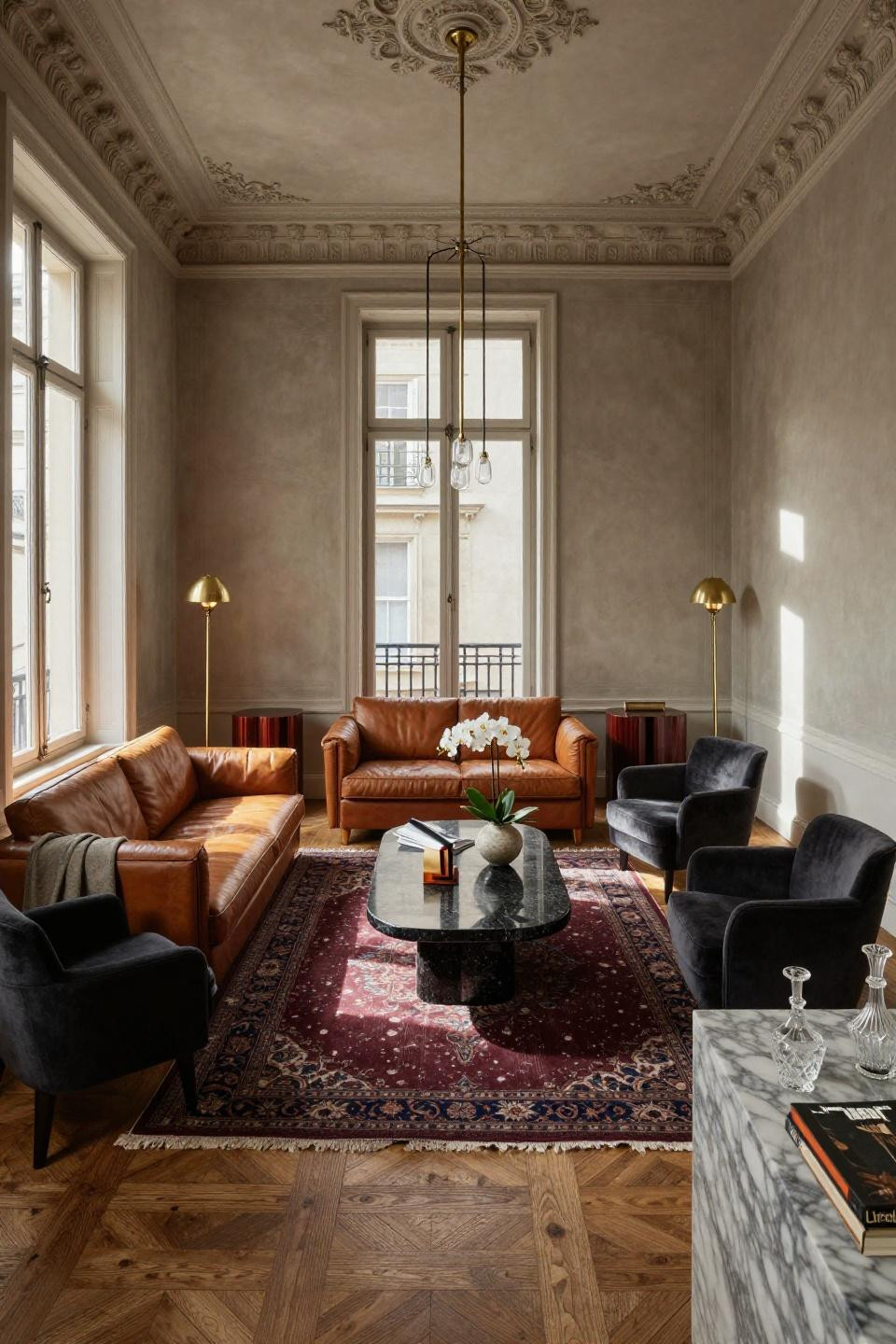 Center table living room luxury with honed black granite and leather inlay in Parisian apartment with wabi-sabi influences