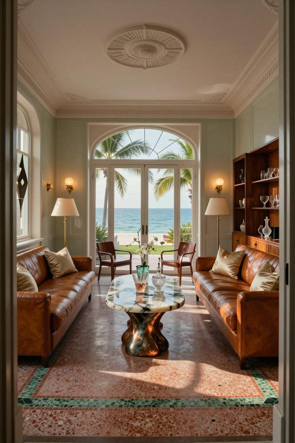 Center table living room luxury with Brazilian Azul Macaubas quartzite and aged copper in South Beach villa
