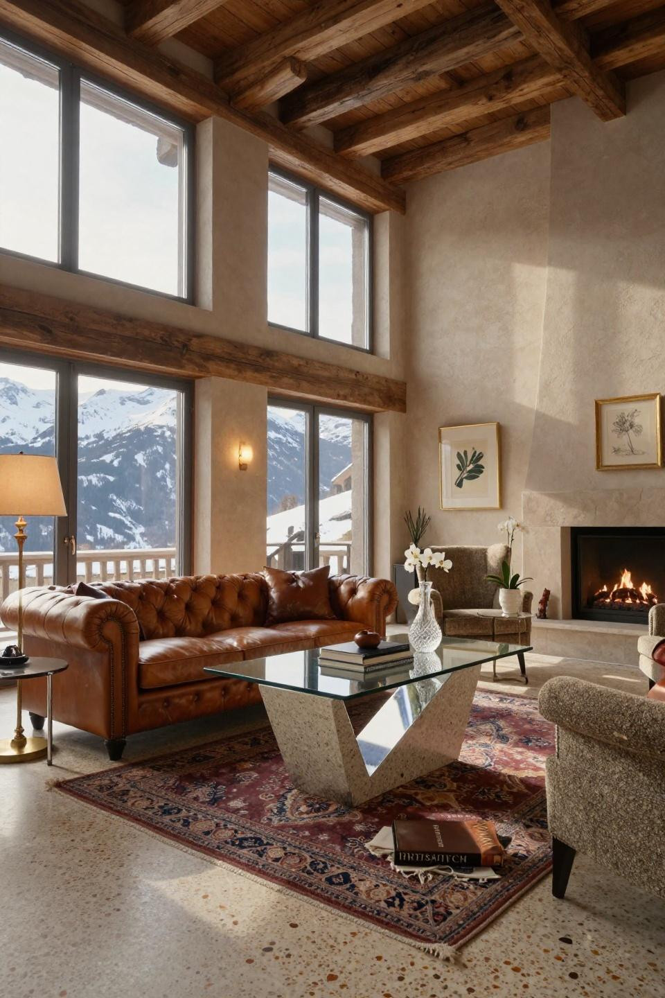 Center table living room luxury with terrazzo base and chrome framework in Verbier Swiss alpine chalet