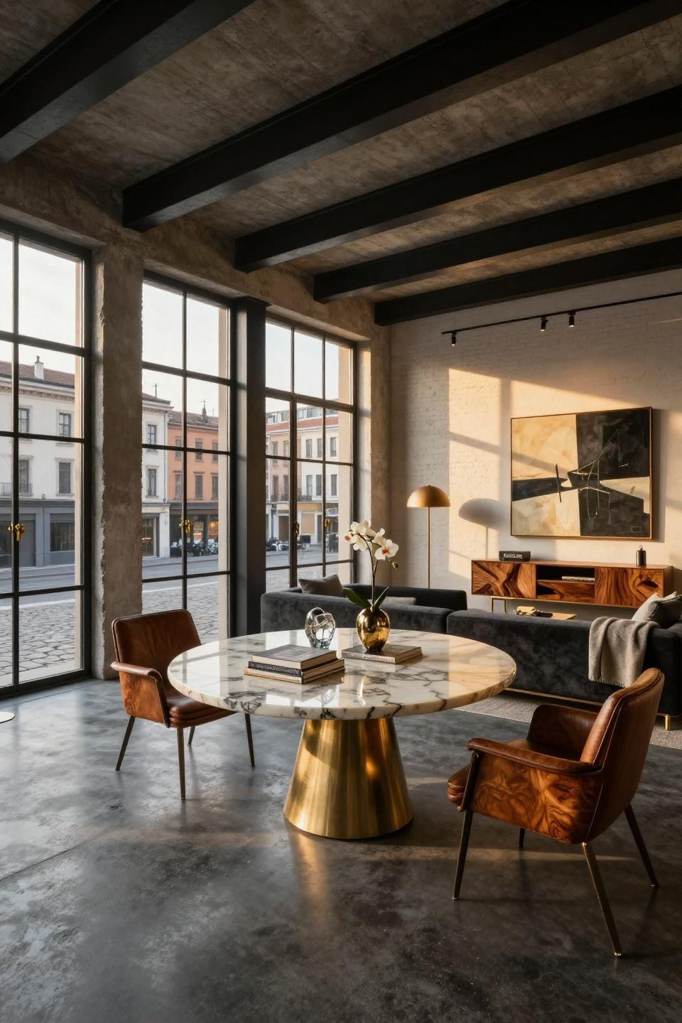 Center table living room luxury featuring Calacatta Gold marble and walnut burl with brass in Milan Centro Storico penthouse