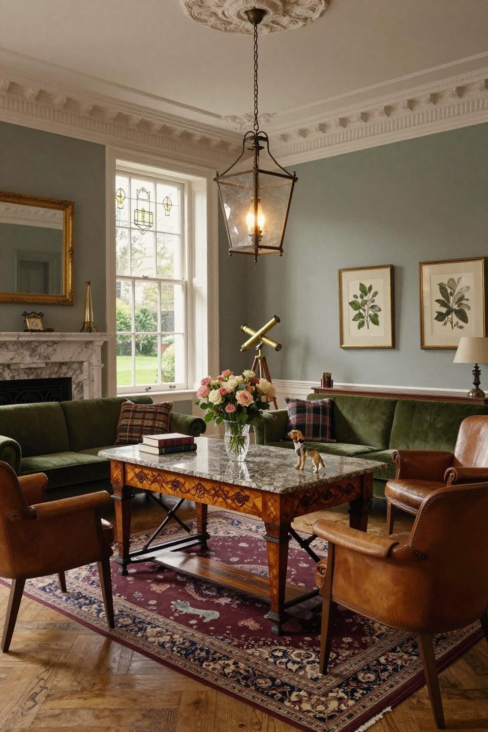 Unique center table design with hand-carved mahogany marquetry and granite top in London Kensington Georgian townhouse
